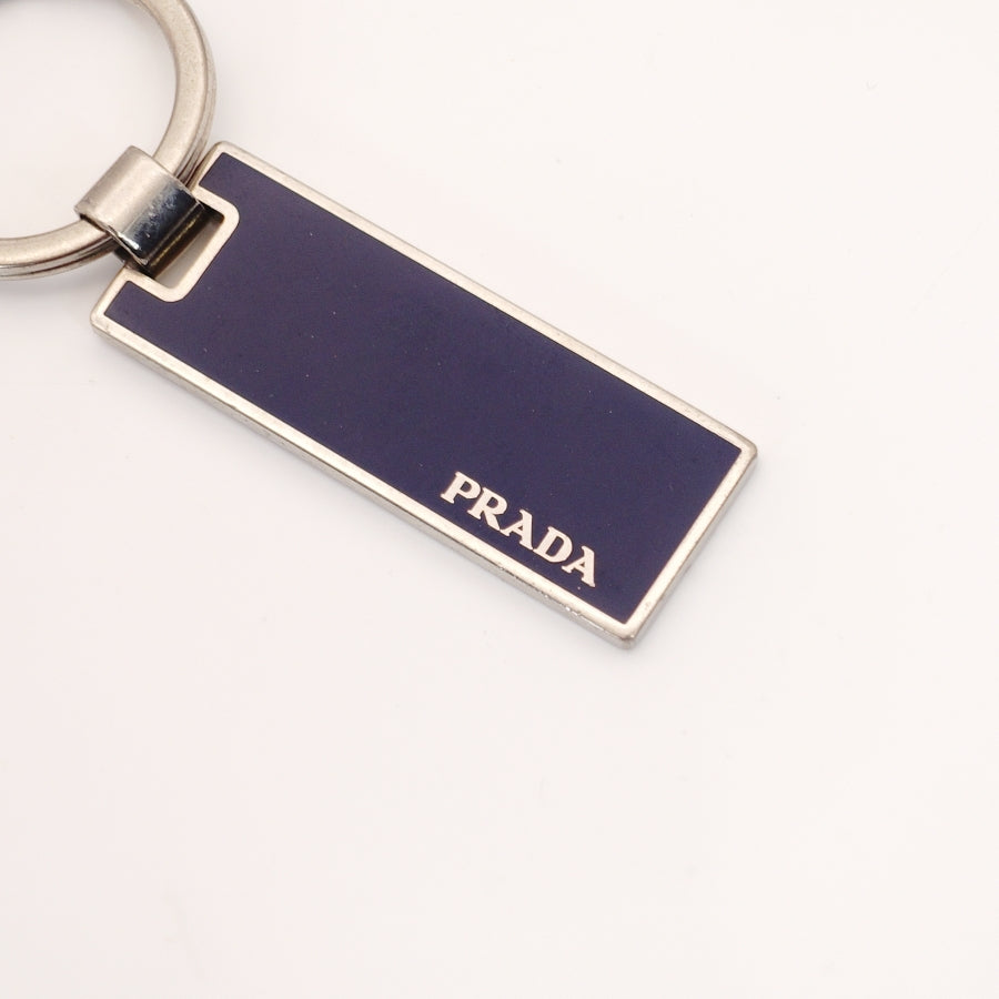 PRADA Key Ring Metal Plated Navy Silver Hardware Key Ring With Box
