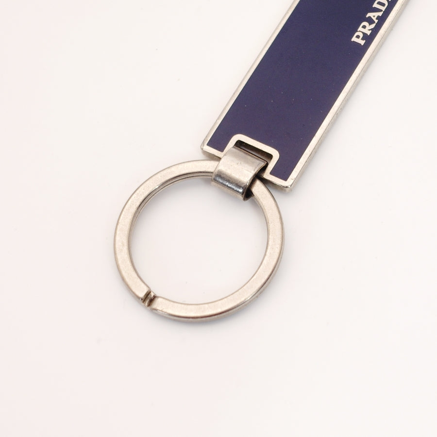 PRADA Key Ring Metal Plated Navy Silver Hardware Key Ring With Box