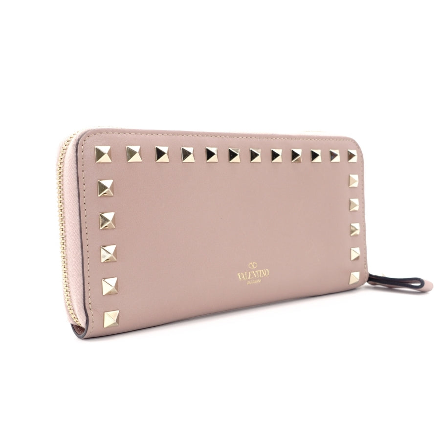 VALENTINO Garavani Leather Long Wallet Pink Leather Studs
