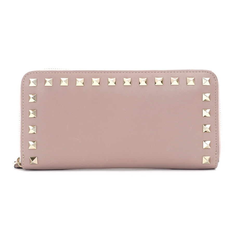 VALENTINO Garavani Leather Long Wallet Pink Leather Studs