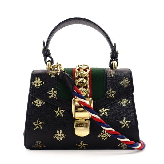GUCCI Sylvie Handbag Leather Black Multicolor 2-Way Shoulder