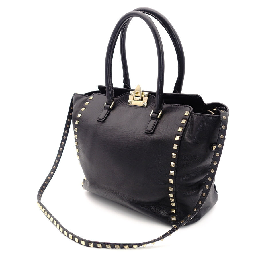 VALENTINO Garavani Tote Bag Studs Black 2way Shoulder Strap