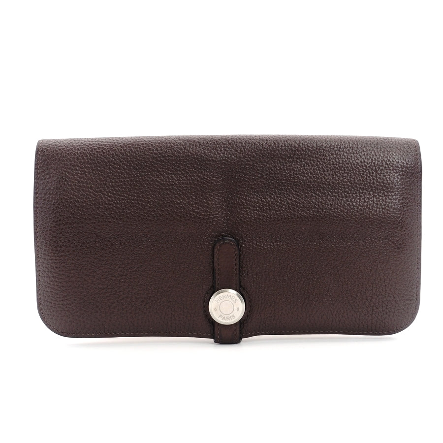 HERMES Dogon Long Wallet Togo Brown Leather Silver Hardware