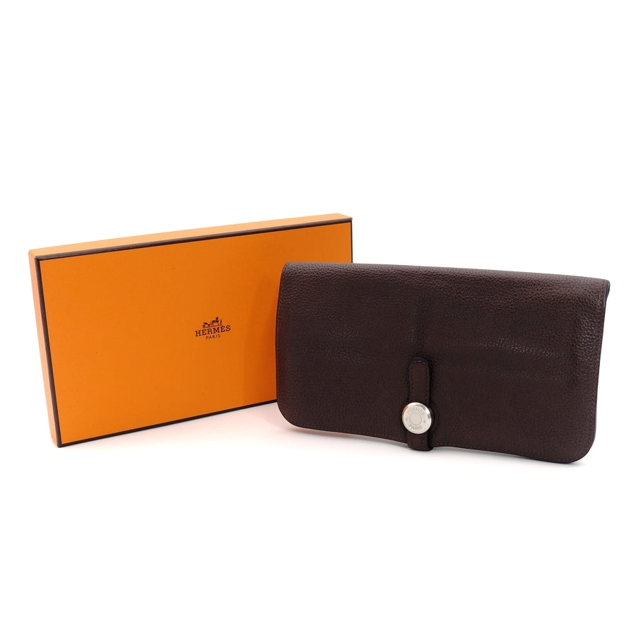 HERMES Dogon Long Wallet Togo Brown Leather Silver Hardware