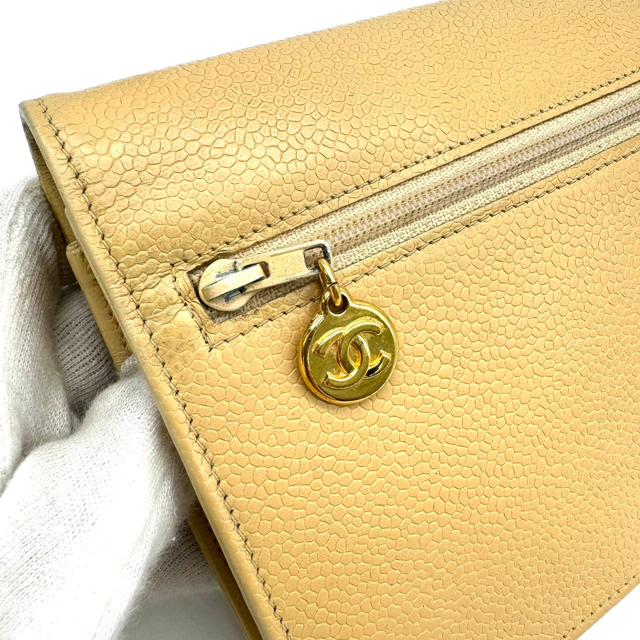 CHANEL Chain Shoulder Bag Caviar Skin Coco Mark Beige