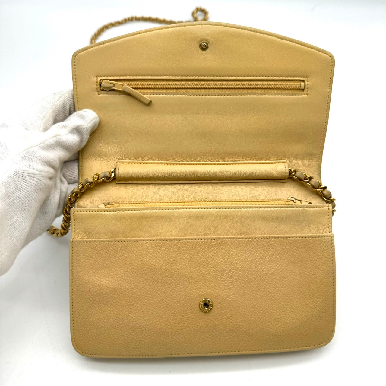 CHANEL Chain Shoulder Bag Caviar Skin Coco Mark Beige