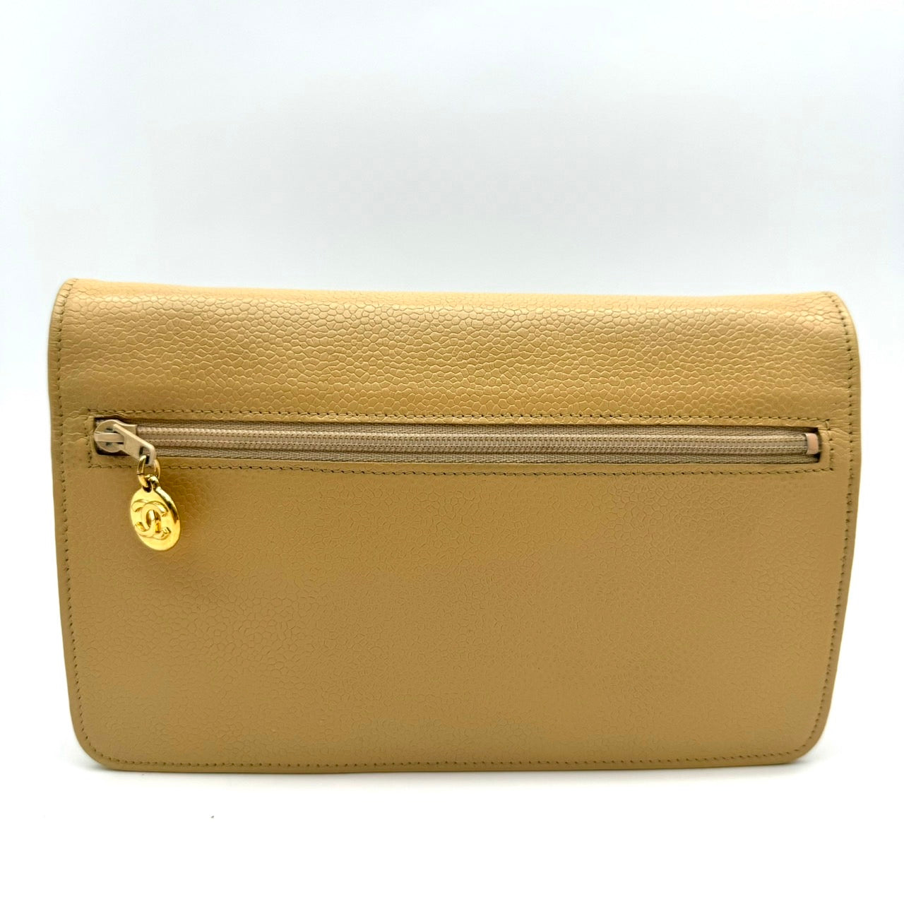 CHANEL Chain Shoulder Bag Caviar Skin Coco Mark Beige