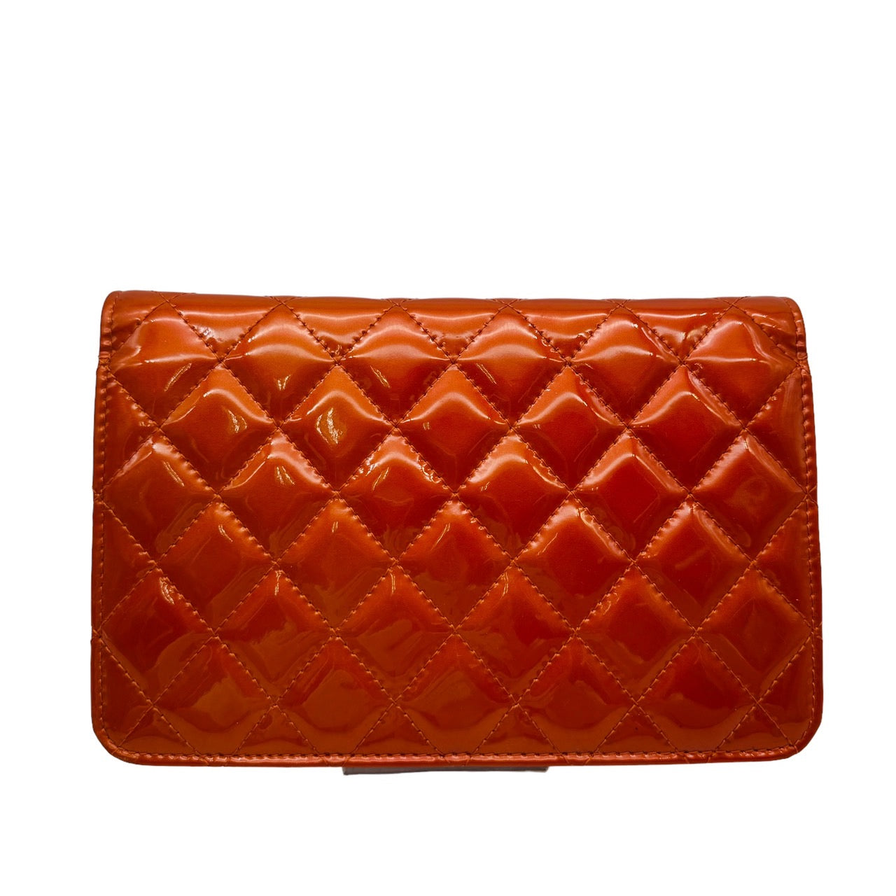 CHANEL Enamel Chain Shoulder Bag Orange Patent Leather