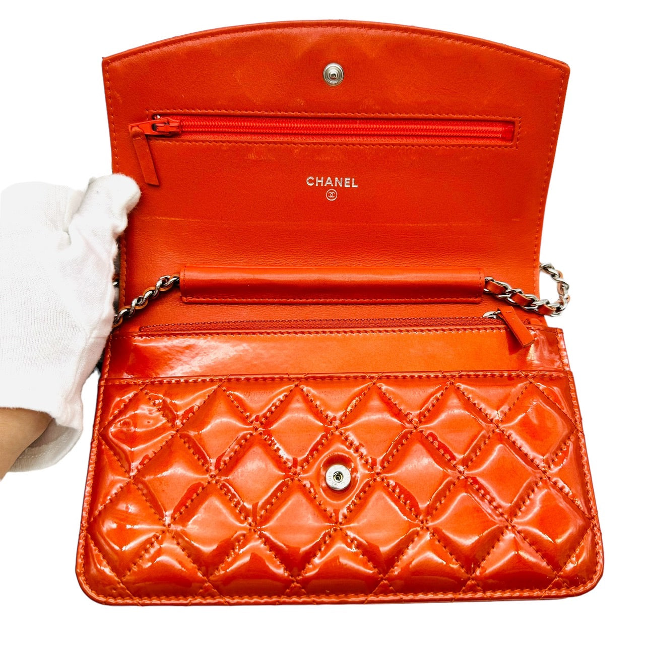 CHANEL Enamel Chain Shoulder Bag Orange Patent Leather