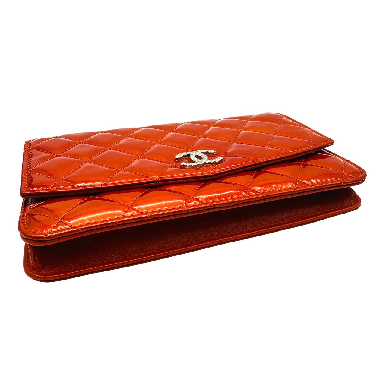 CHANEL Enamel Chain Shoulder Bag Orange Patent Leather