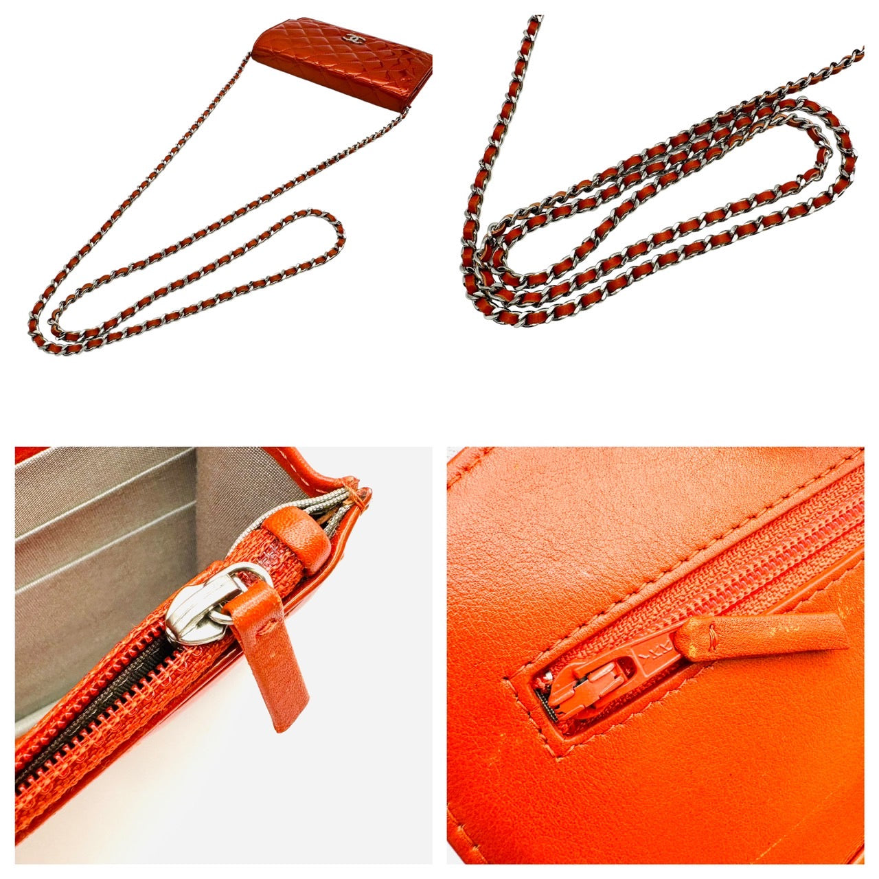 CHANEL Enamel Chain Shoulder Bag Orange Patent Leather