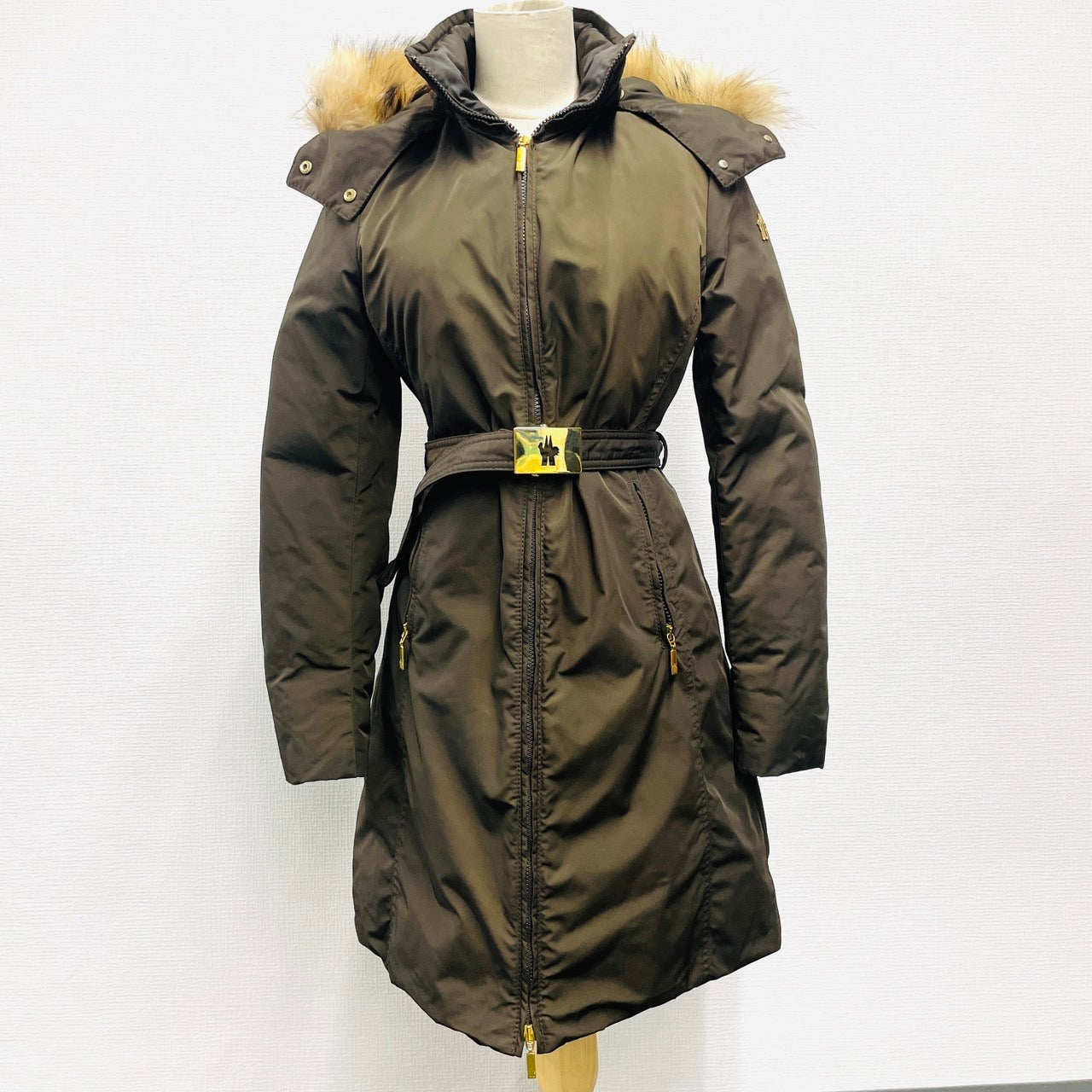 MONCLER Down Jacket Khaki Fur Long Coat Women