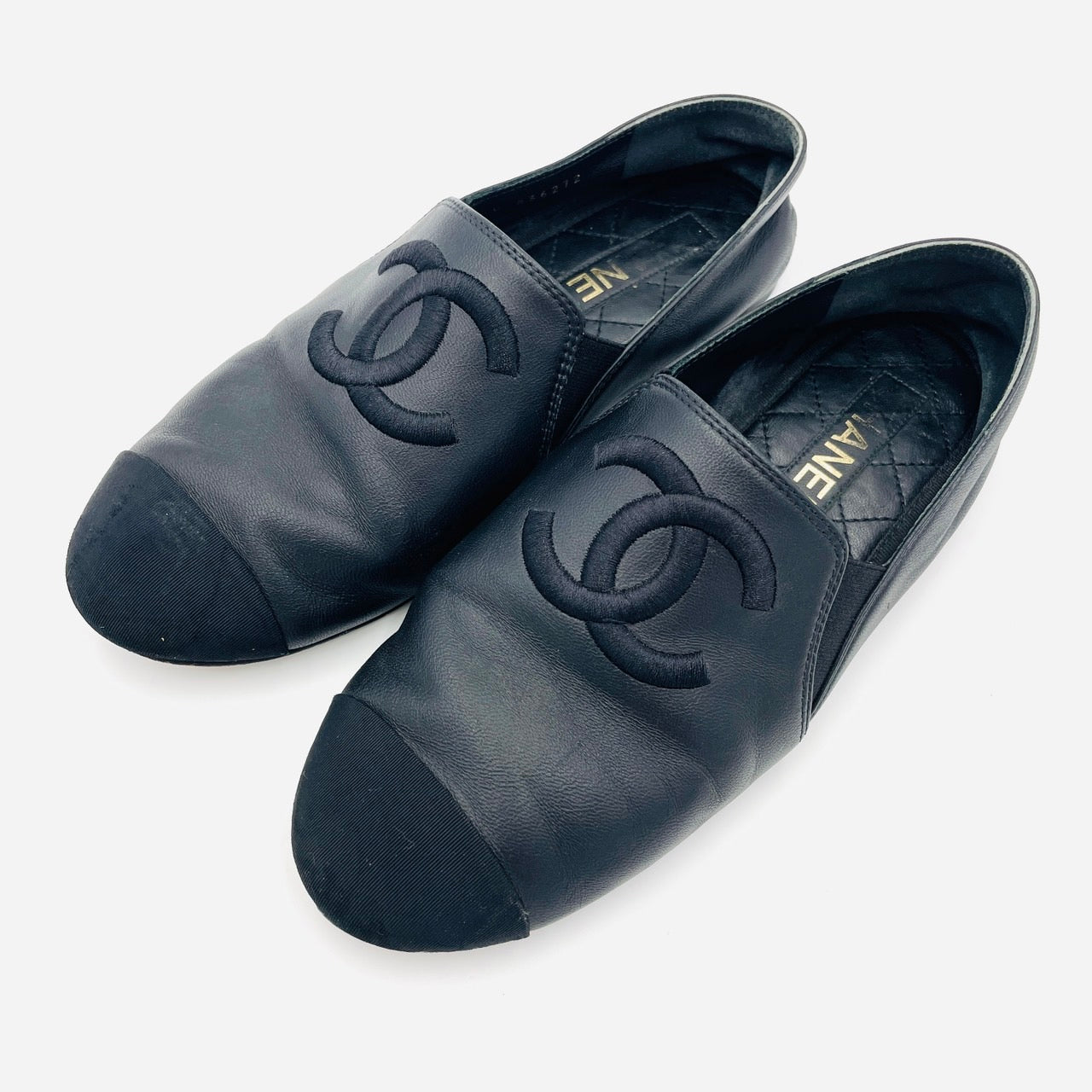 CHANEL Leather Flat Shoes Black 37 1/2