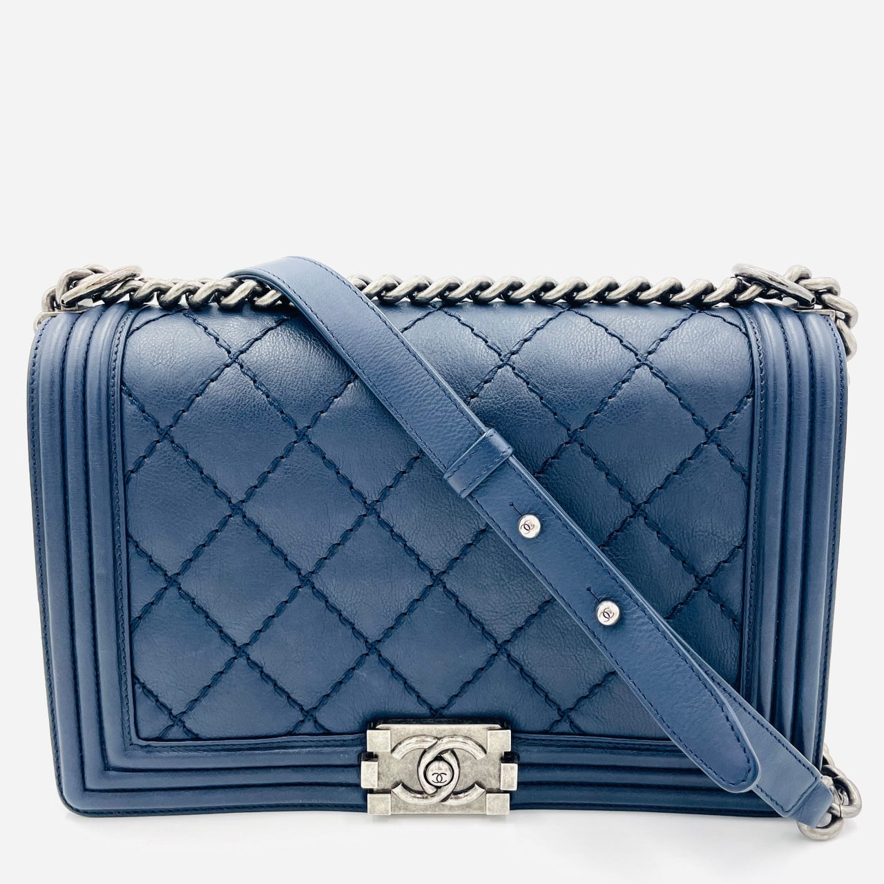 CHANEL Boy Chanel Leather 2Way Navy Chain Shoulder Bag