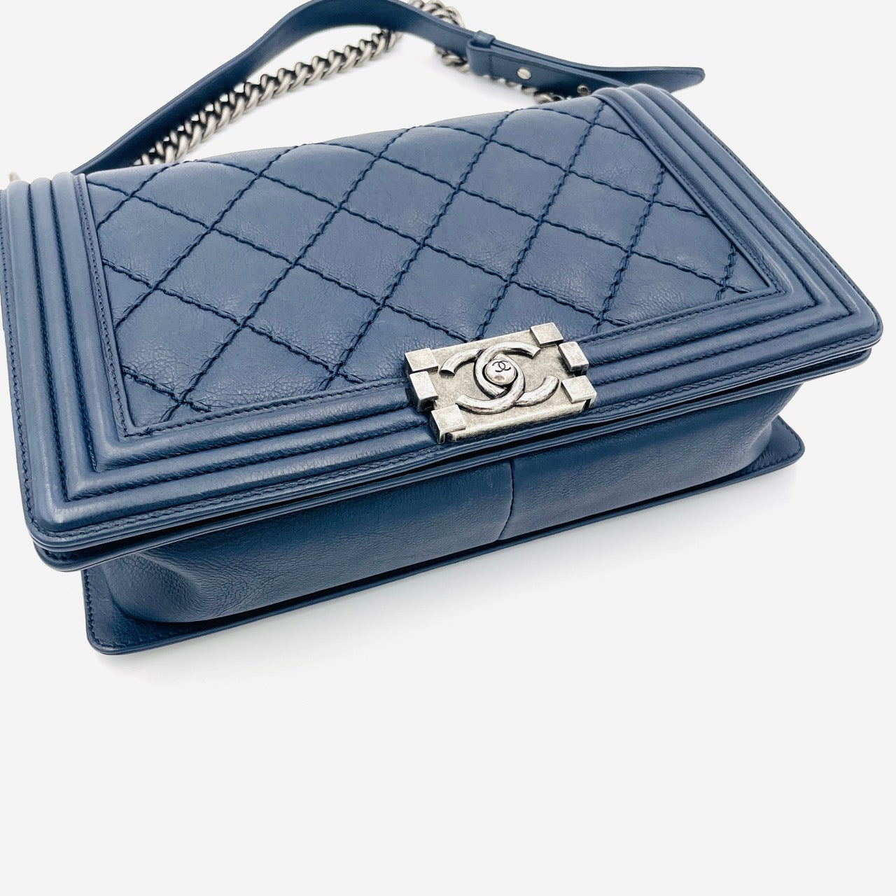 CHANEL Boy Chanel Leather 2Way Navy Chain Shoulder Bag