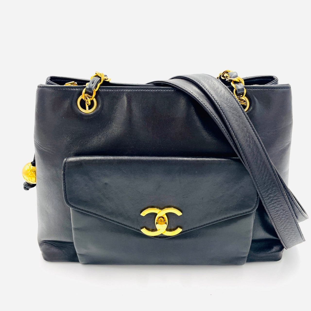 Chanel Lambskin Black Chain Tote Ball Charm