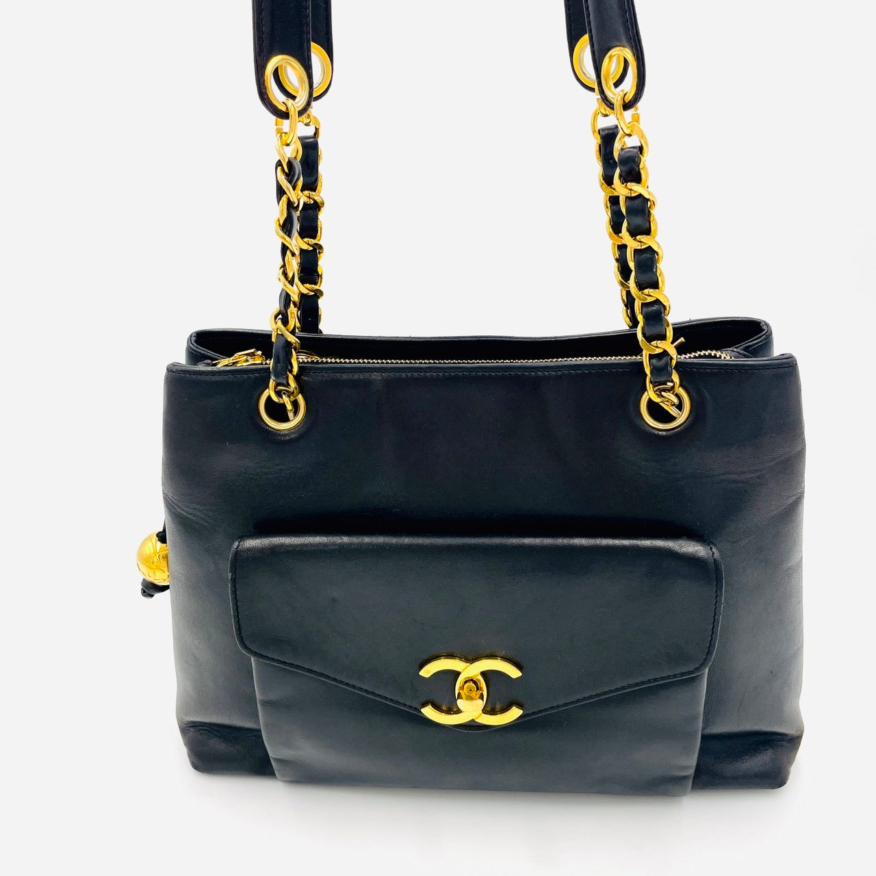 Chanel Lambskin Black Chain Tote Ball Charm