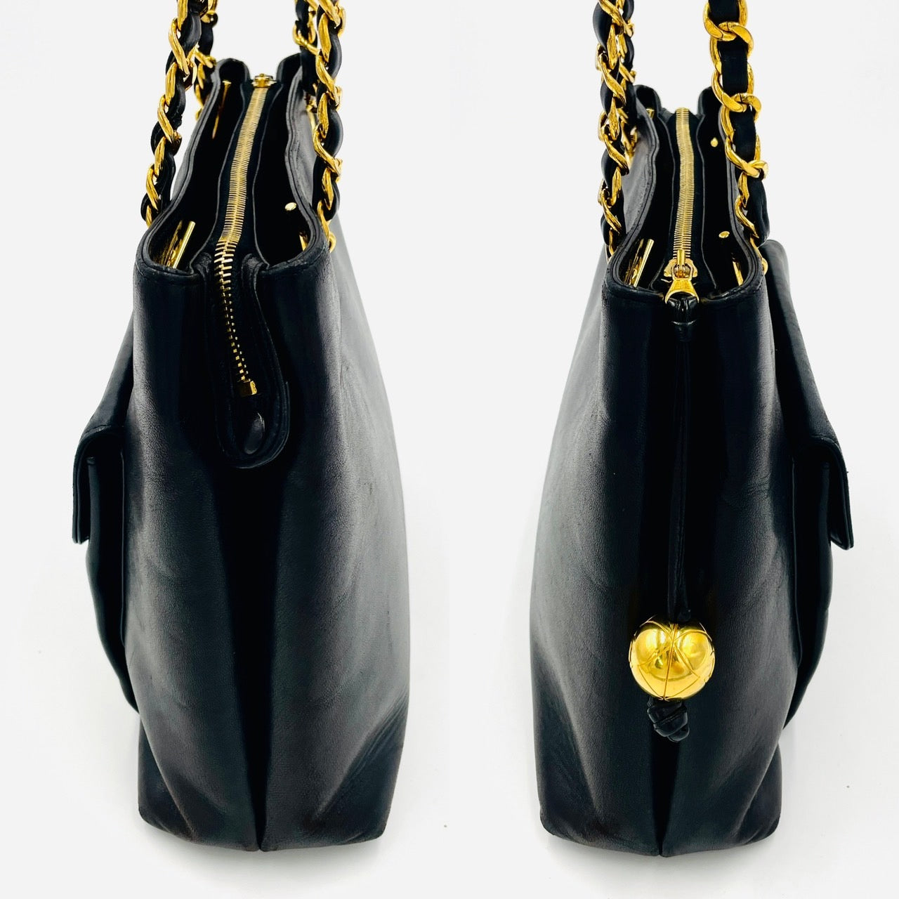 Chanel Lambskin Black Chain Tote Ball Charm