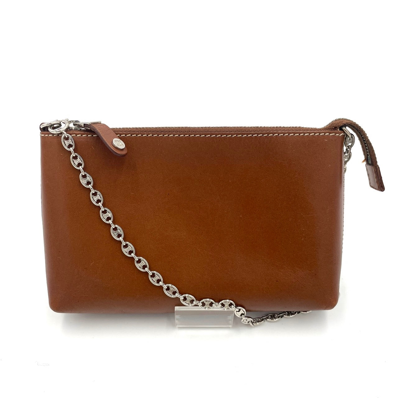 CELINE Chain Pouch Leather Brown Vintage