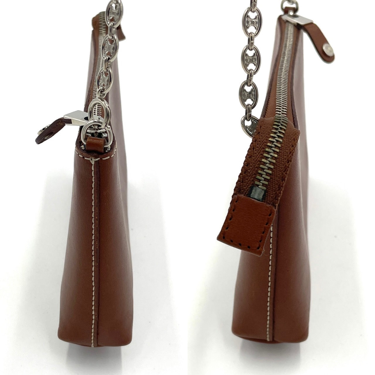 CELINE Chain Pouch Leather Brown Vintage