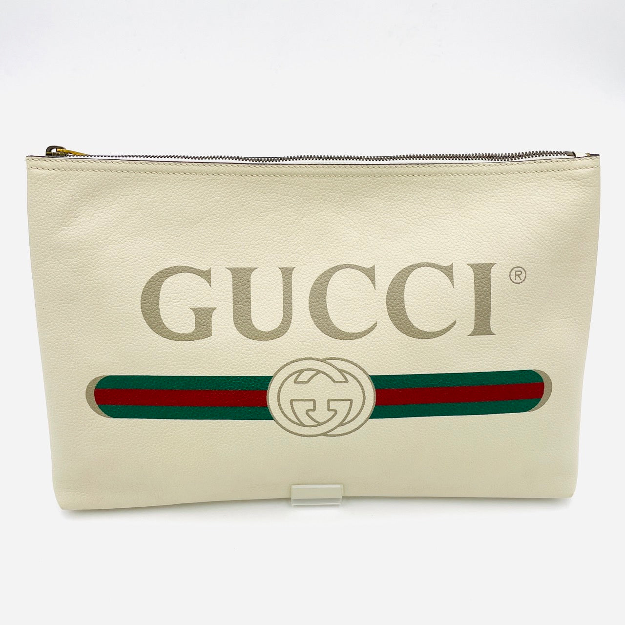 GUCCI Logo Print Leather Clutch Bag White Beige