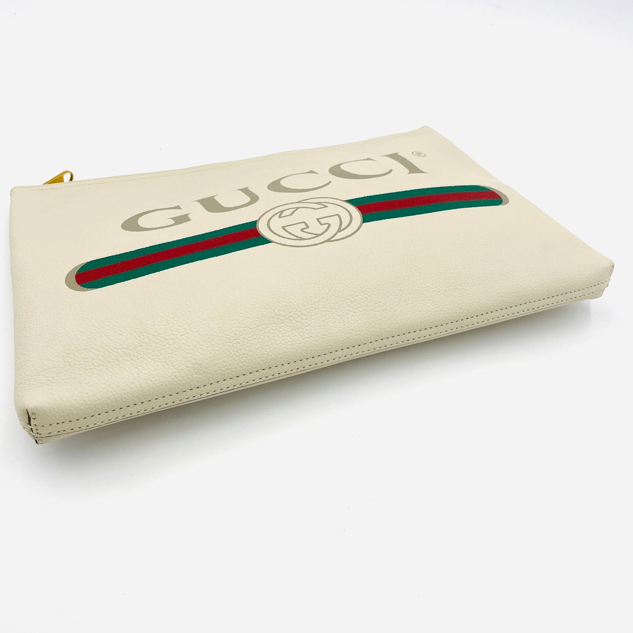 GUCCI Logo Print Leather Clutch Bag White Beige