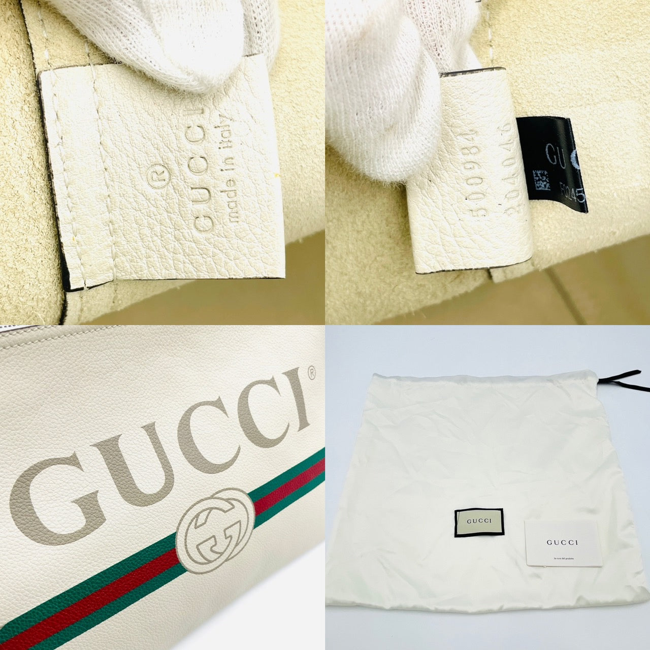 GUCCI Logo Print Leather Clutch Bag White Beige