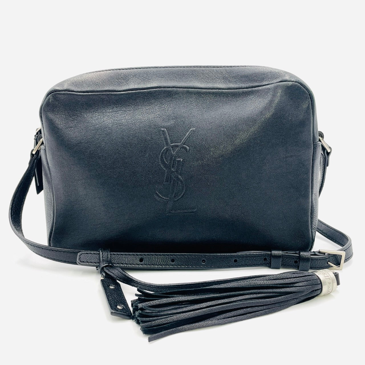 YVES SAINT LAURENT Fringe Shoulder Leather Black Logo Bag