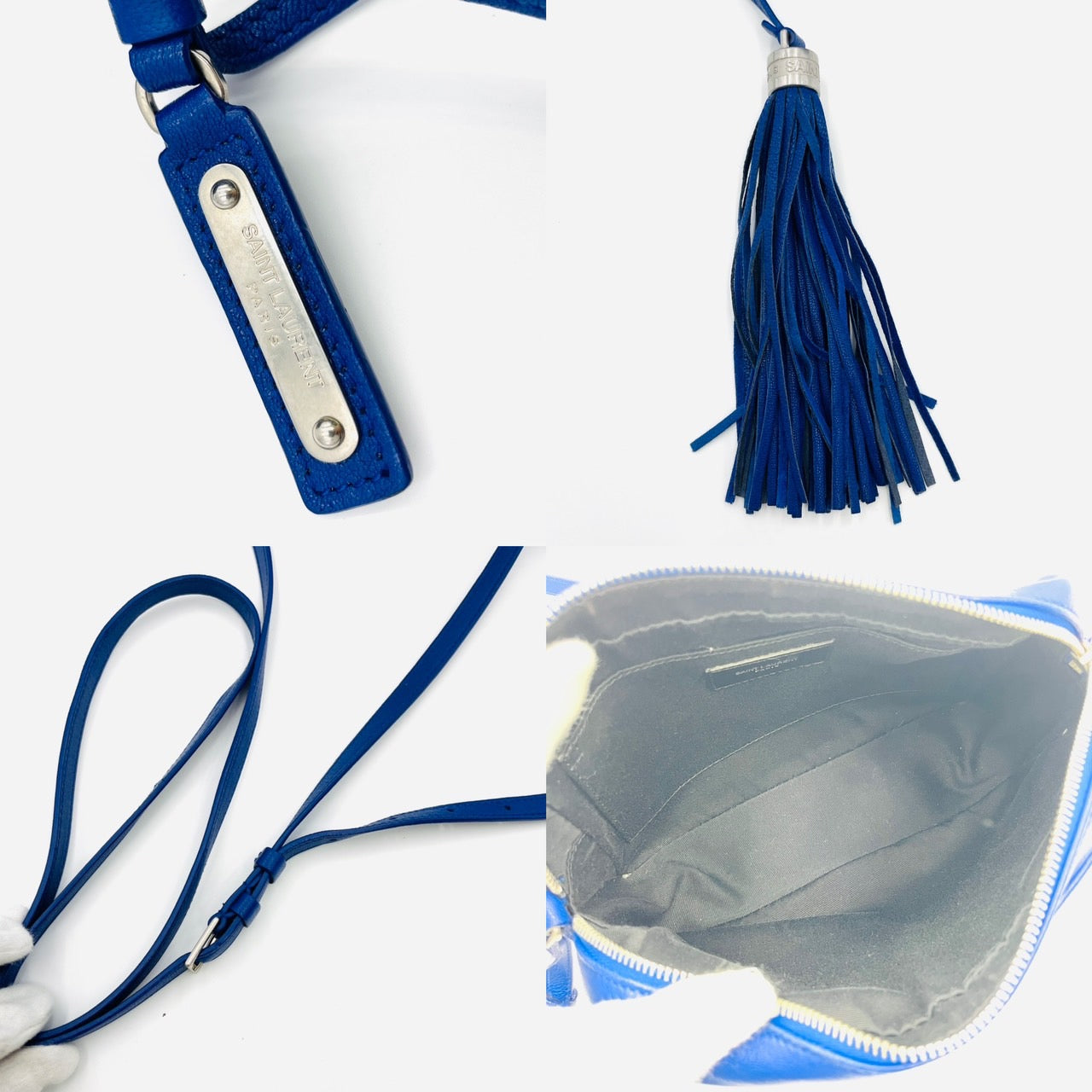 YVES SAINT LAURENT Fringe Shoulder Leather Blue Logo Bag