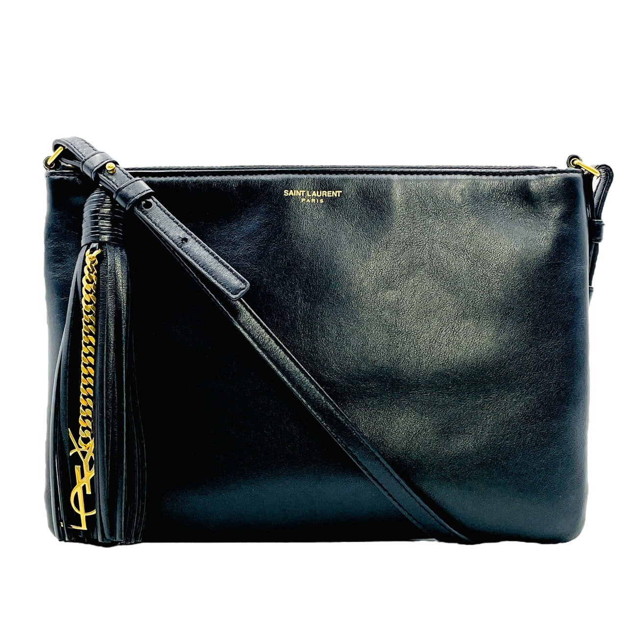 YVES SAINT LAURENT Fringe Shoulder Leather Black Bag