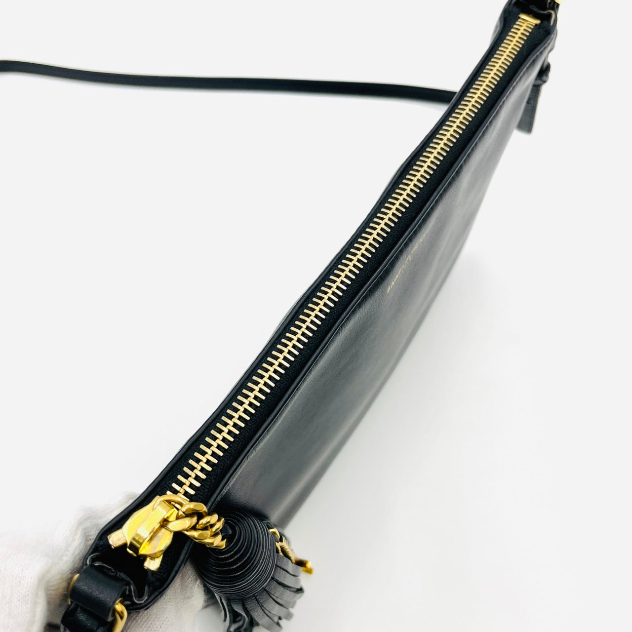 YVES SAINT LAURENT Fringe Shoulder Leather Black Bag