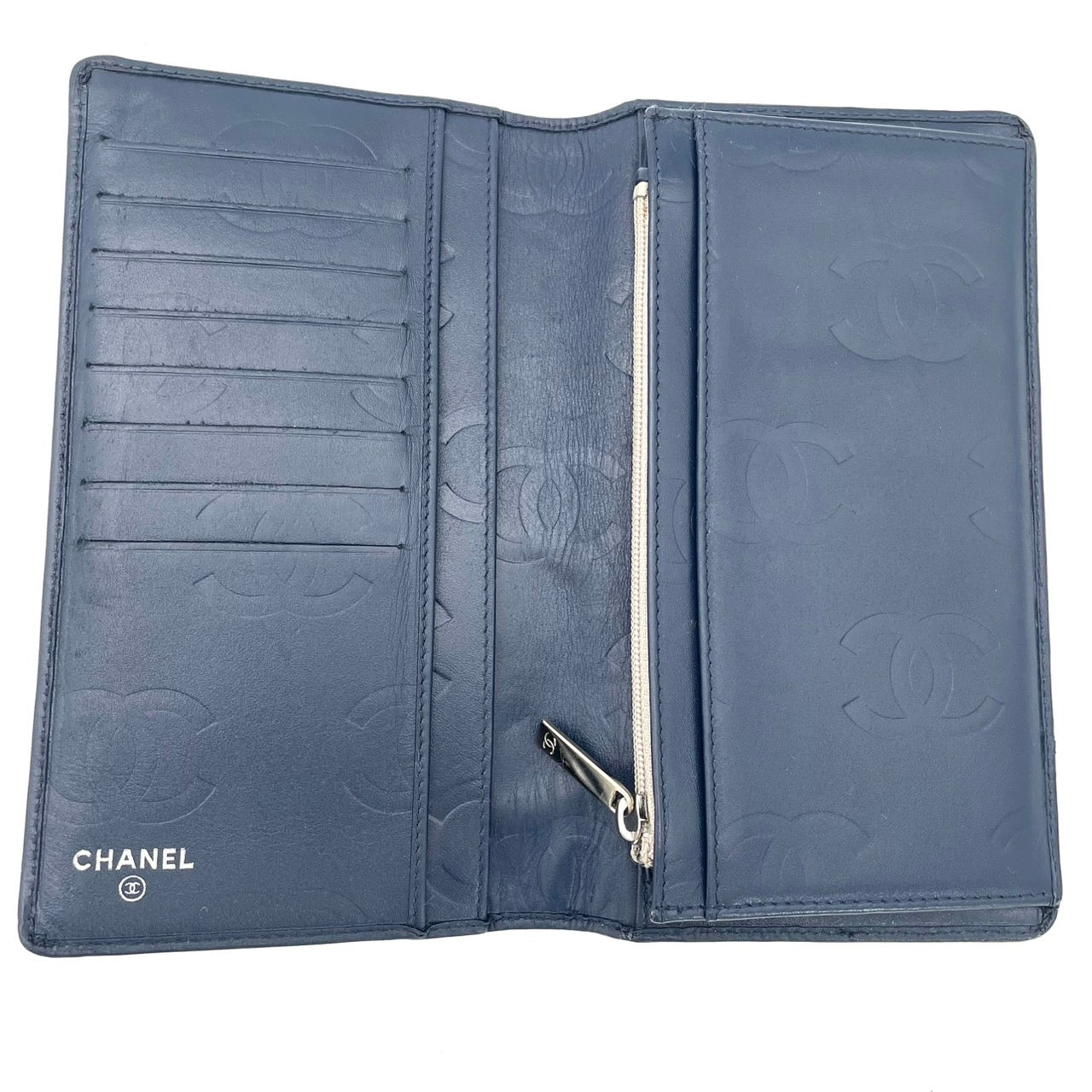 CHANEL Cambon Lamb Skin Long Wallet Navy