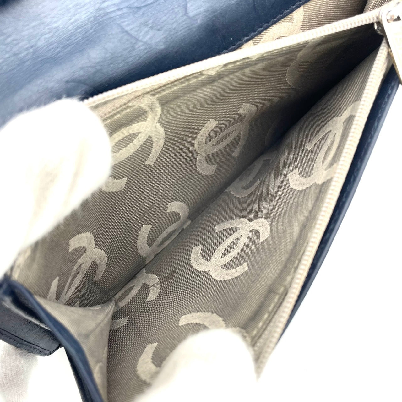 CHANEL Cambon Lamb Skin Long Wallet Navy