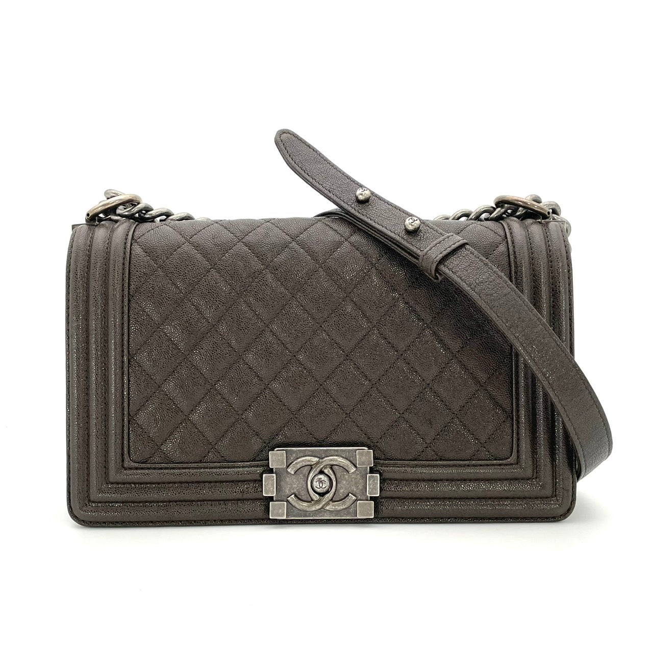 CHANEL Boy Chanel Caviar Skin Gray Silver Hardware