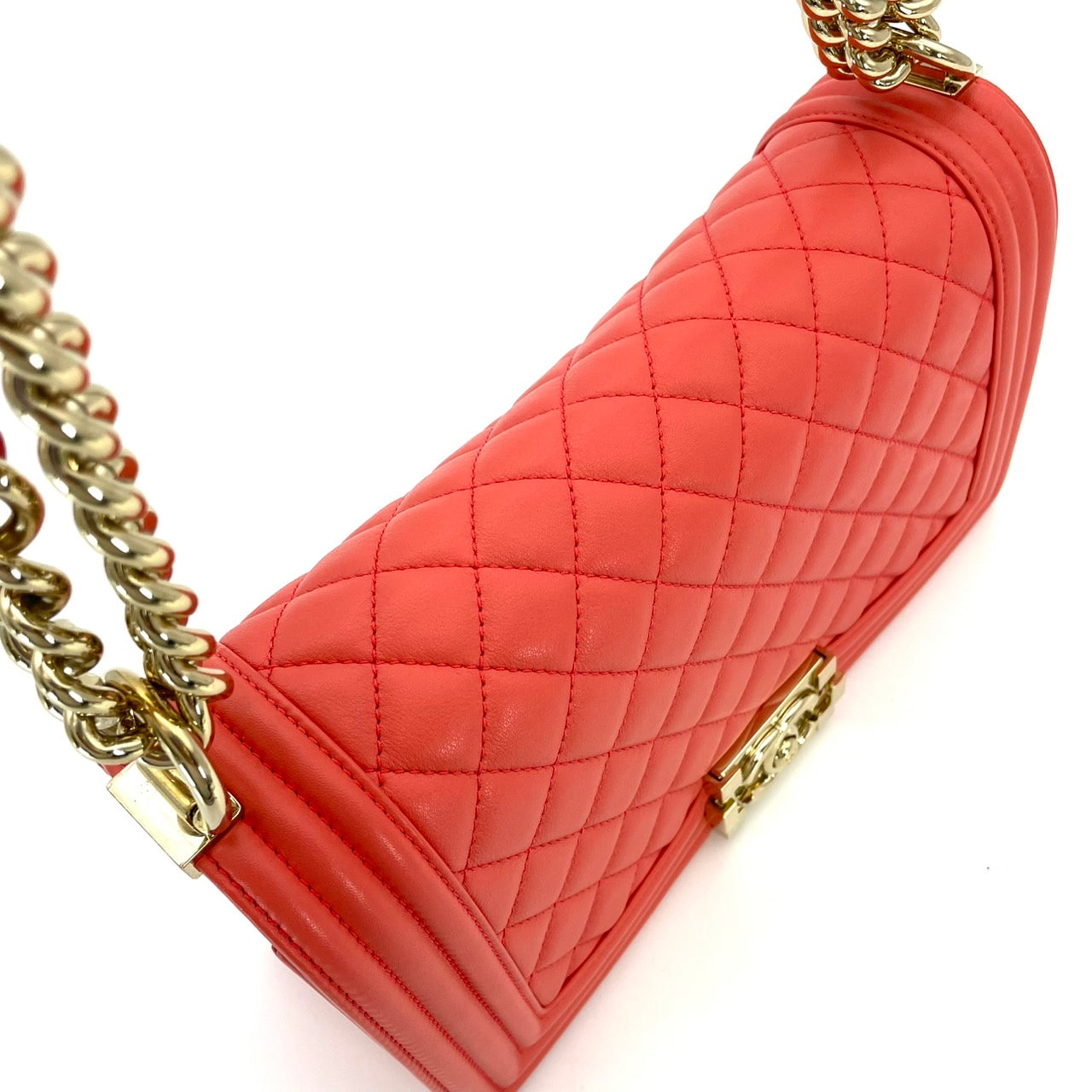 CHANEL Boy Chanel Lambskin Coral Orange Gold Hardware