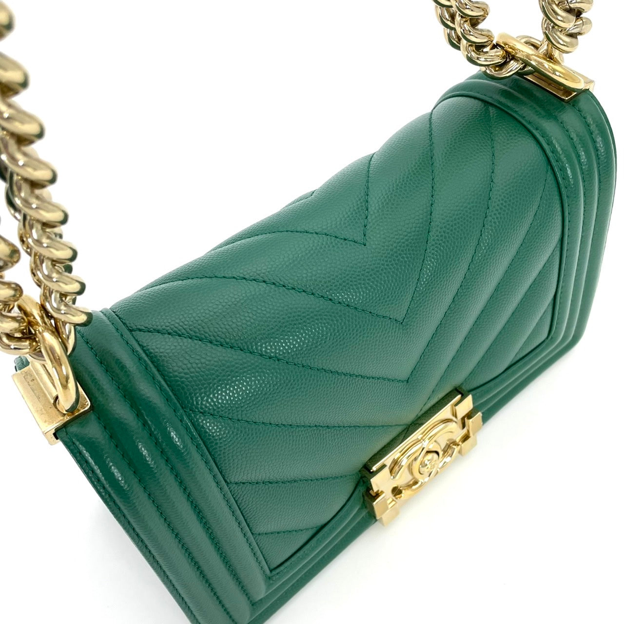 CHANEL Boy Chanel small Caviar Skin Green Gold Hardware
