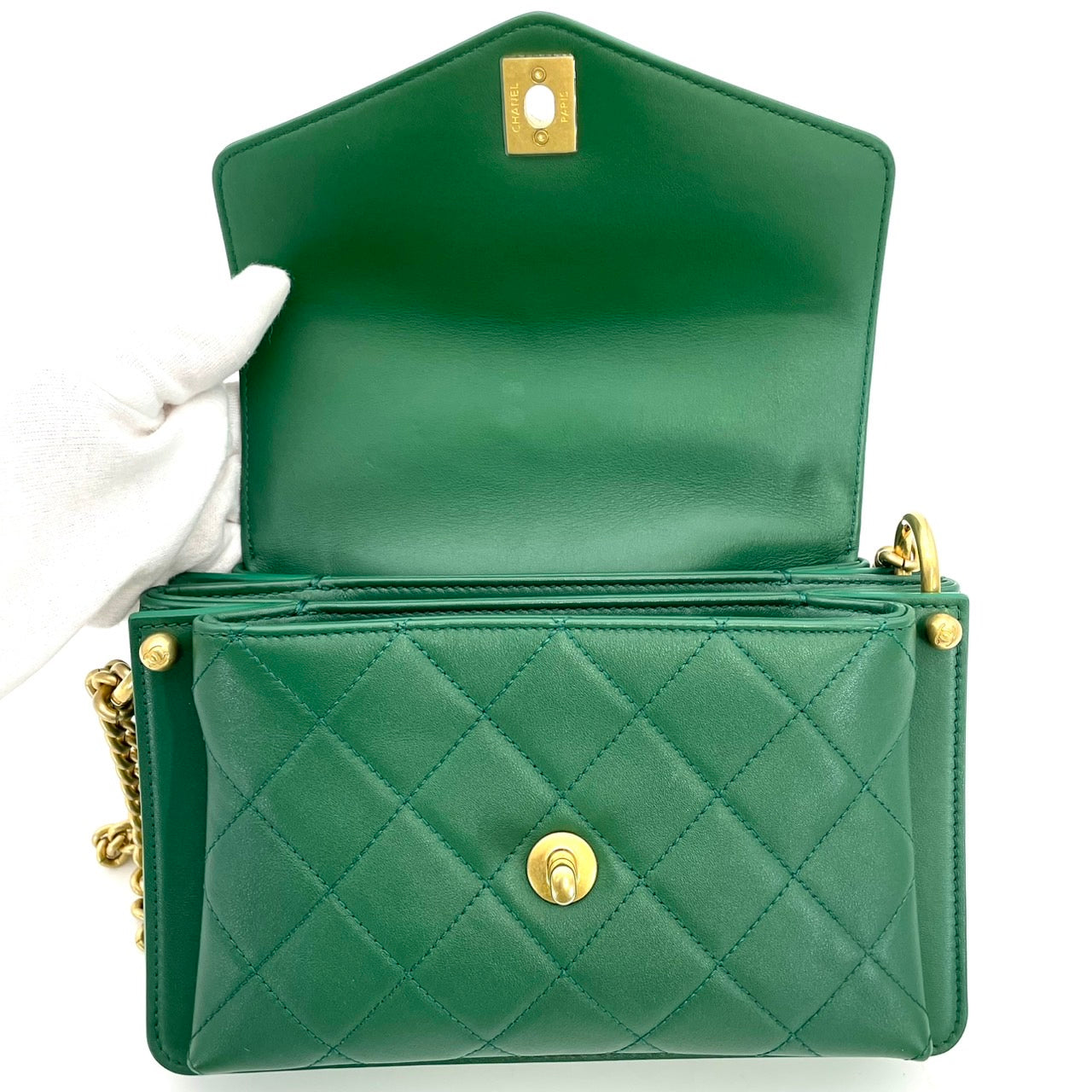 CHANEL Coco mark chain shoulder bag Green Gold Harwere