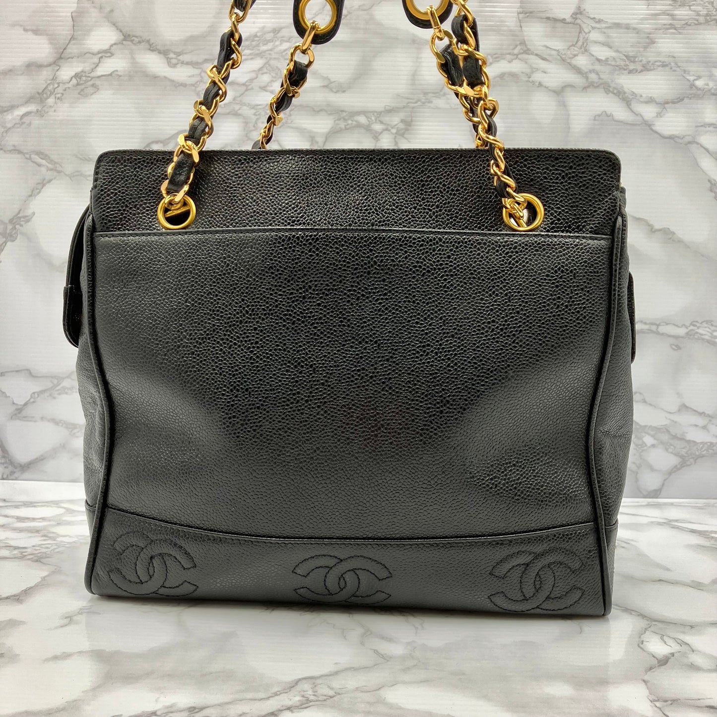 CHANEL Caviar skin triple coco chain tote bag