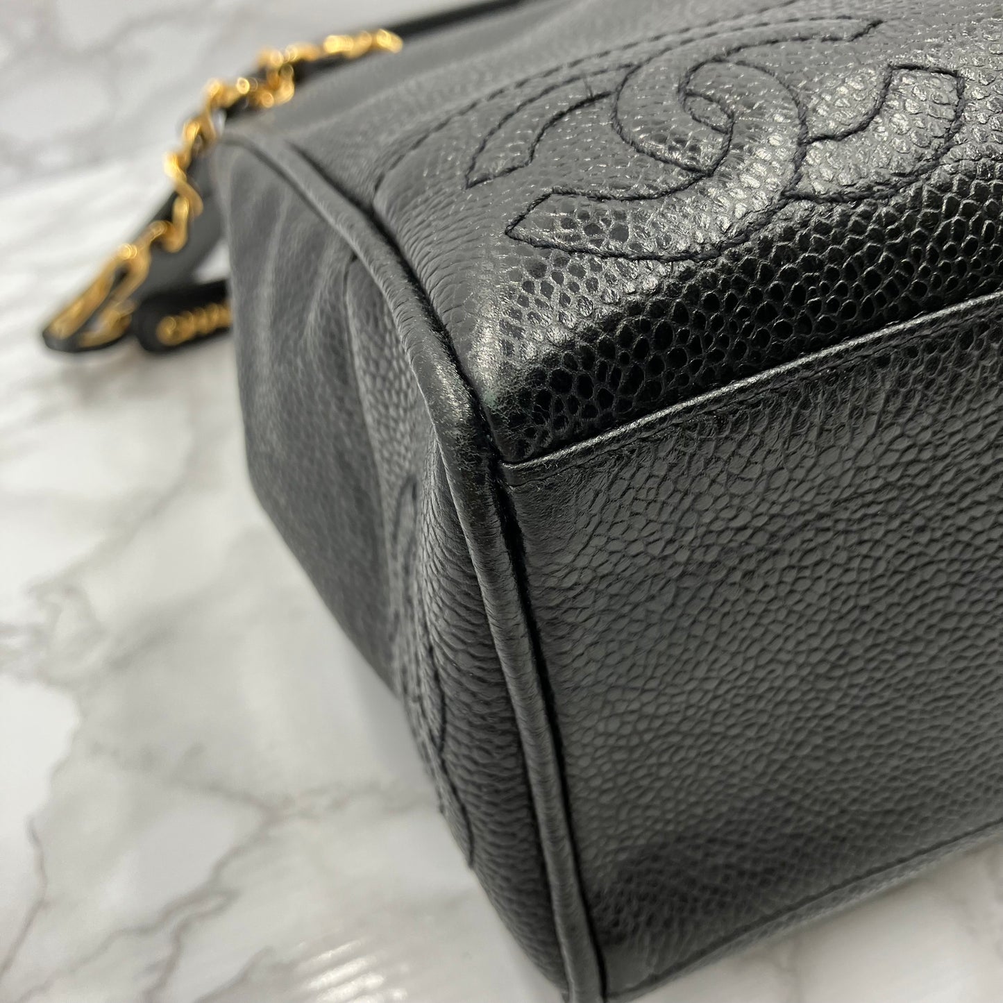 CHANEL Caviar skin triple coco chain tote bag