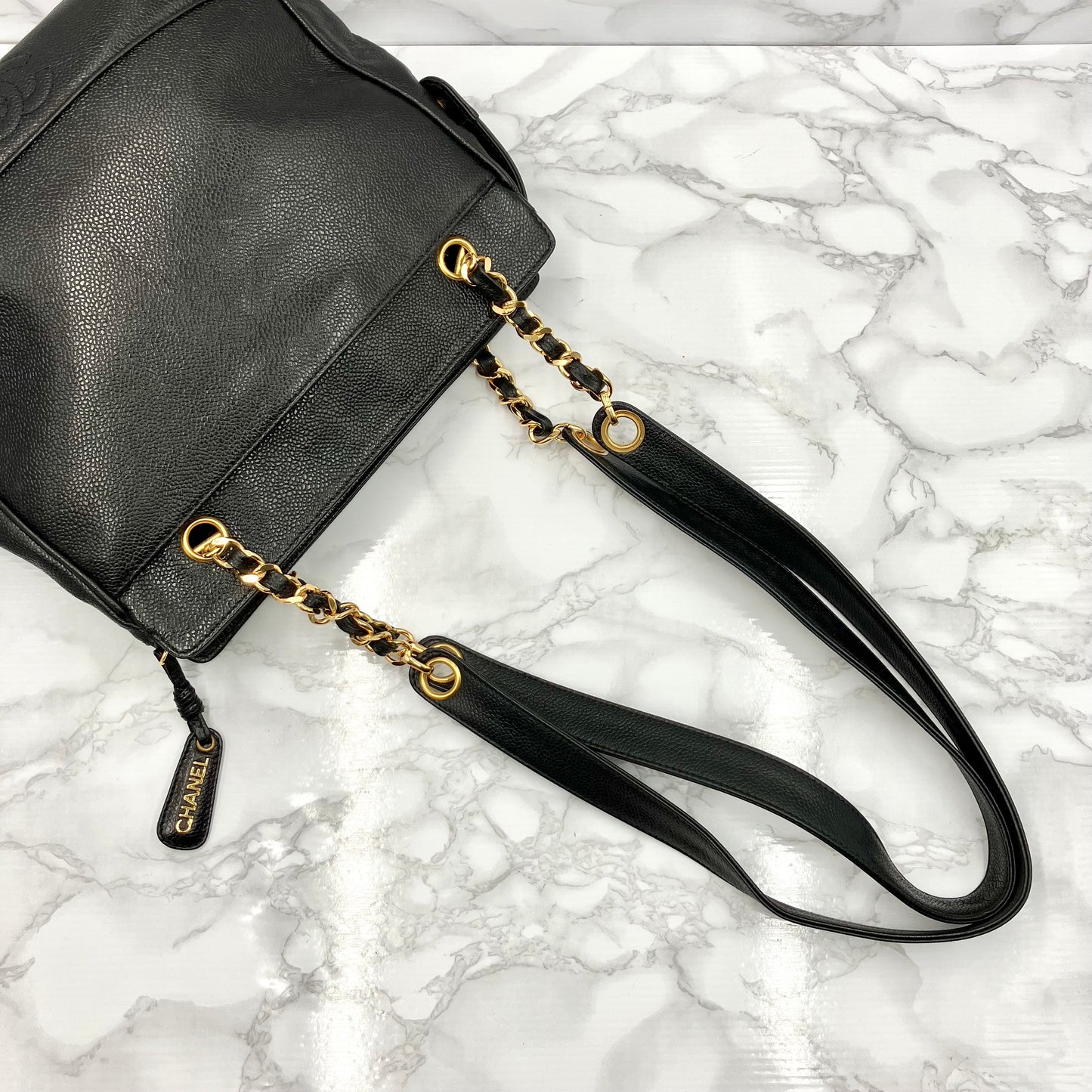 CHANEL Caviar skin triple coco chain tote bag