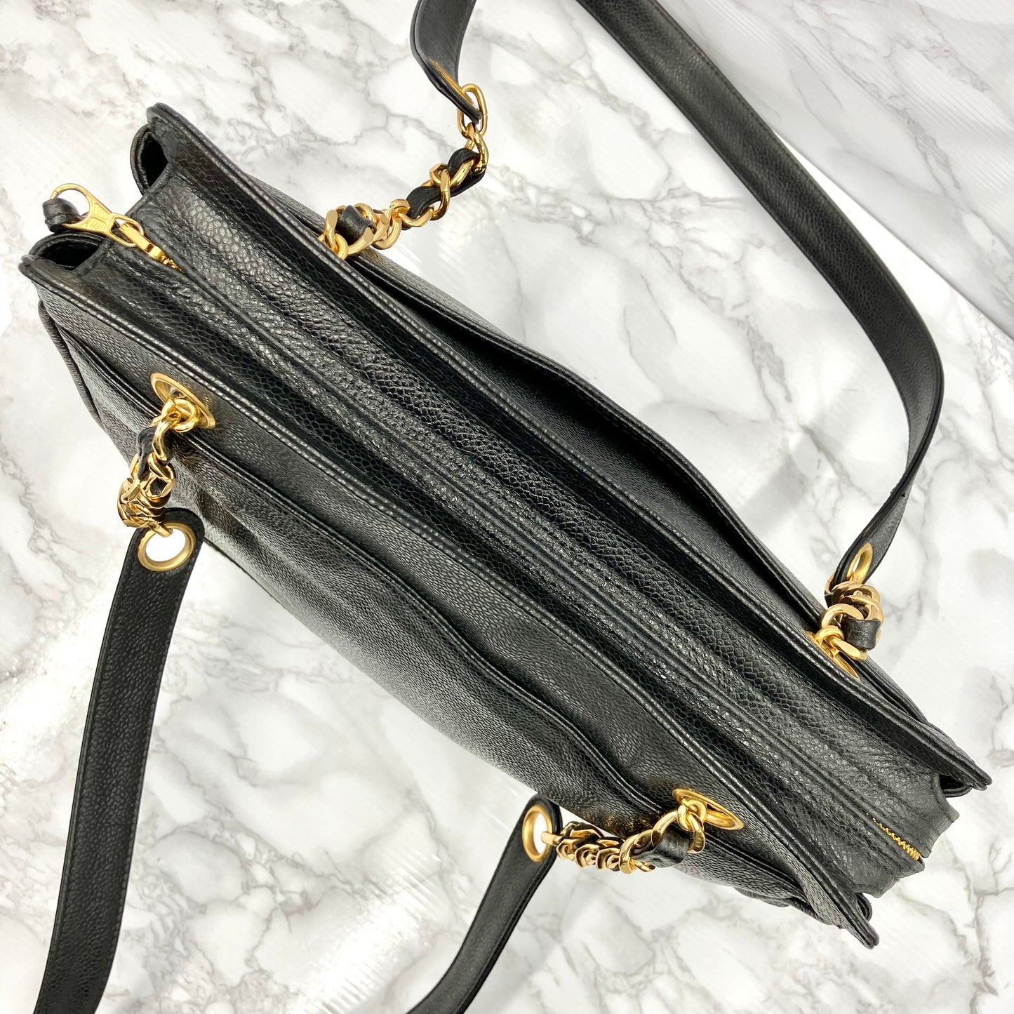 CHANEL Caviar skin triple coco chain tote bag
