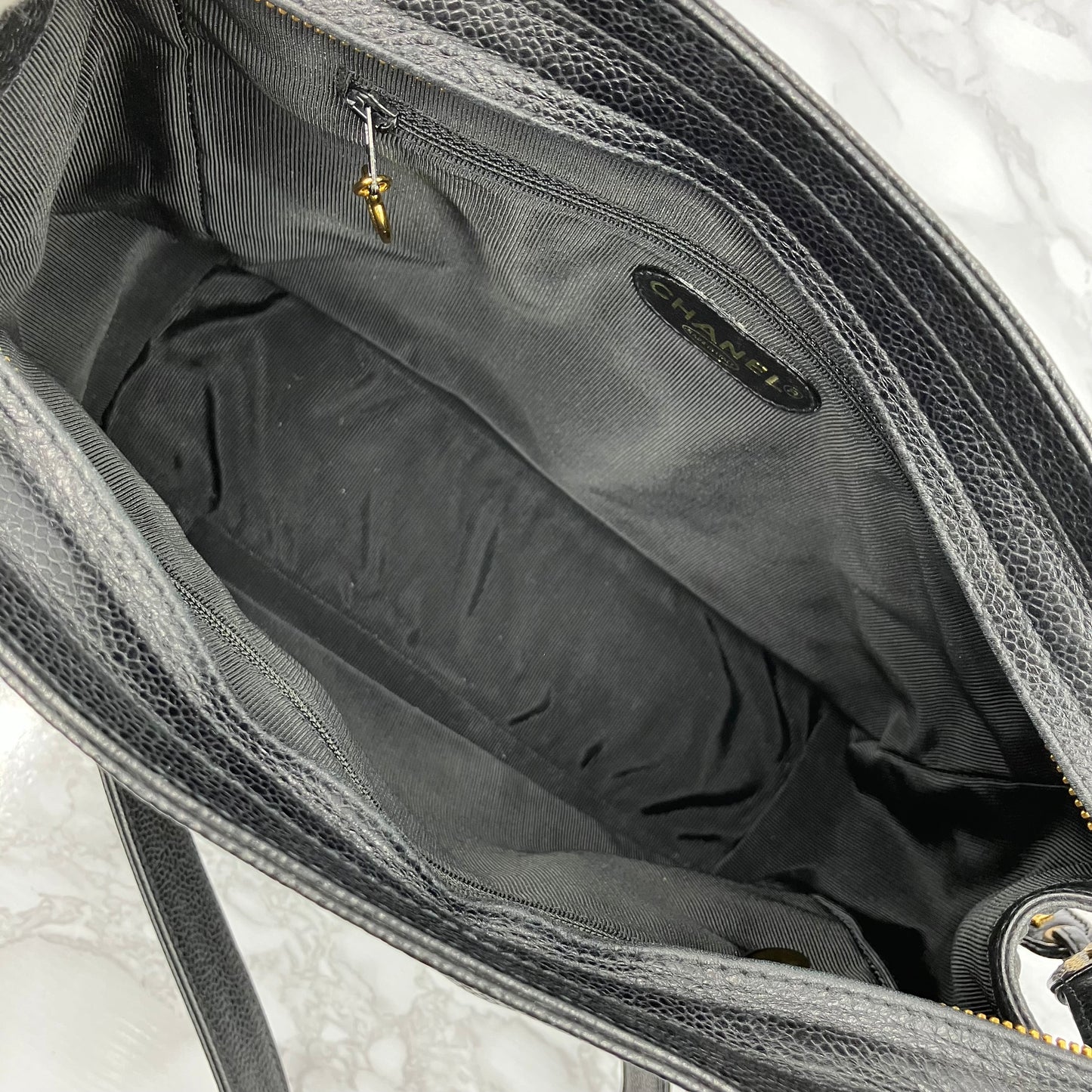 CHANEL Caviar skin triple coco chain tote bag