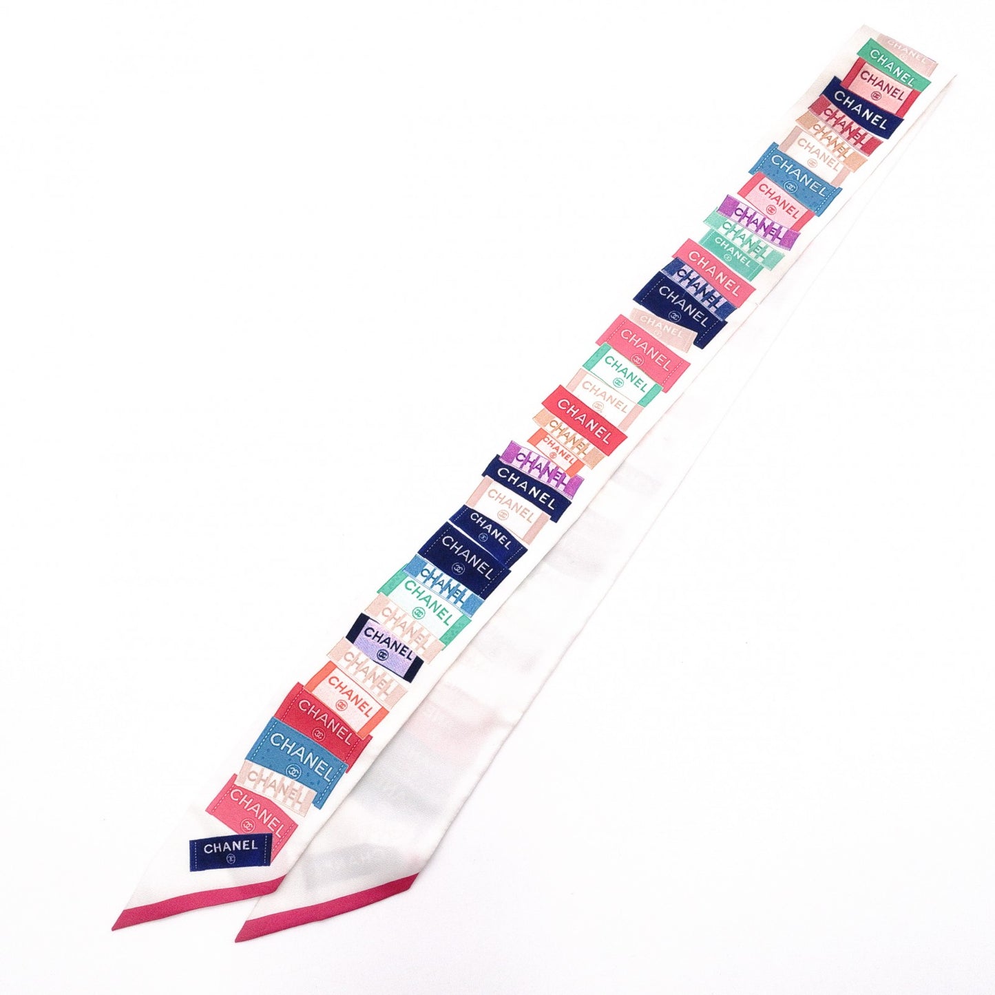 CHANEL Twilly Scarf, Silk, Multicolor, White, Logo