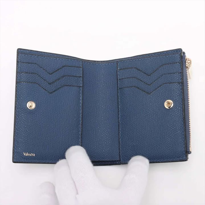 Unused Valextra Compact Wallet Leather Navy Fold Wallet Men's Silver Hardware Wallet 7-11-004