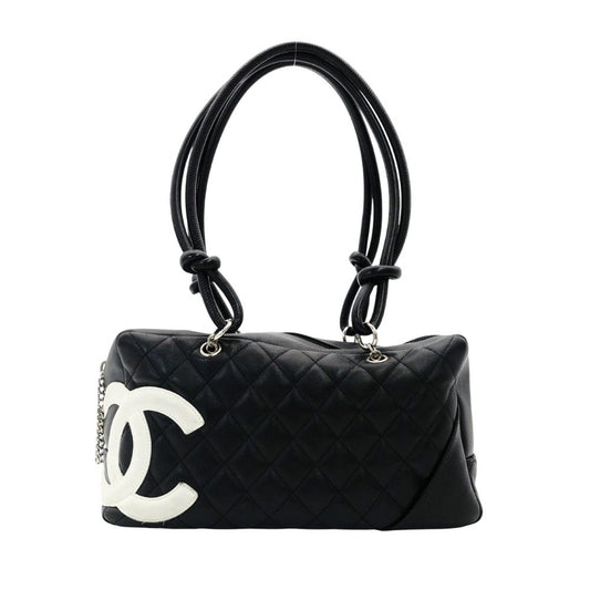 CHANEL Cambon Line Bowling Bag Shoulder Bag Black Leather Lambskin Black CC Logo