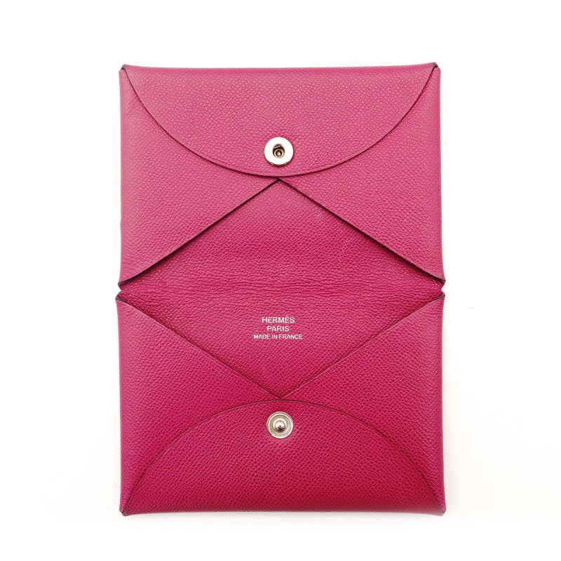 HERMES Calvi Card Case Pink-Purple Leather Business Card Holder D-Stamped 6-11-454