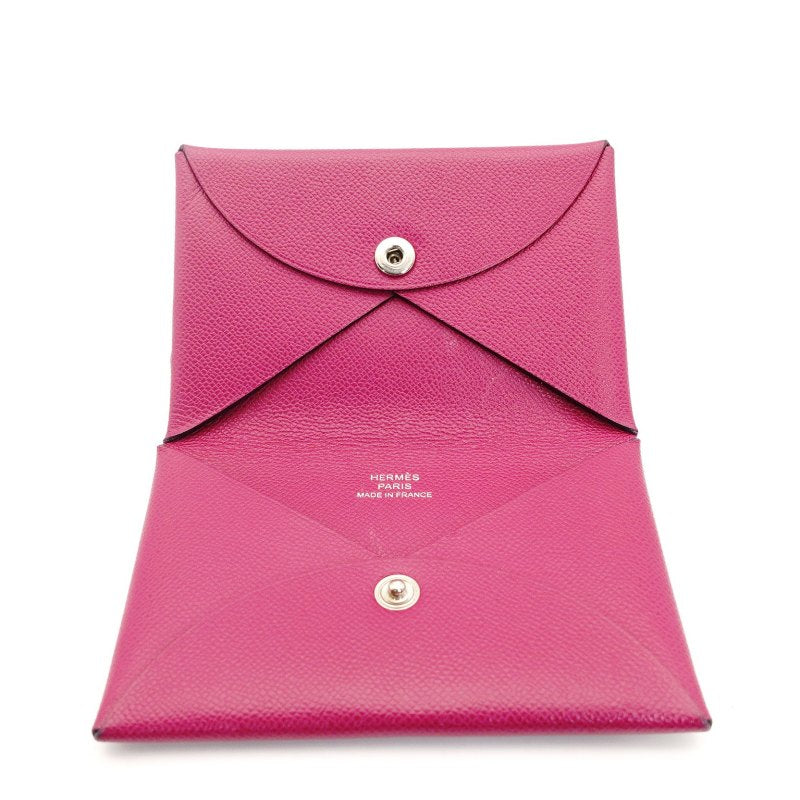 HERMES Calvi Card Case Pink-Purple Leather Business Card Holder D-Stamped 6-11-454