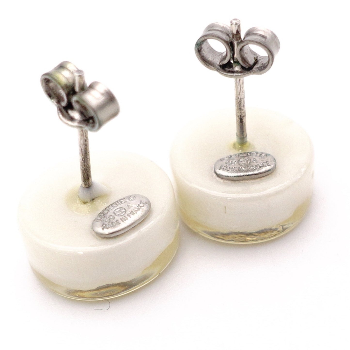 CHANEL Earrings, Metal, Silver, Off-White