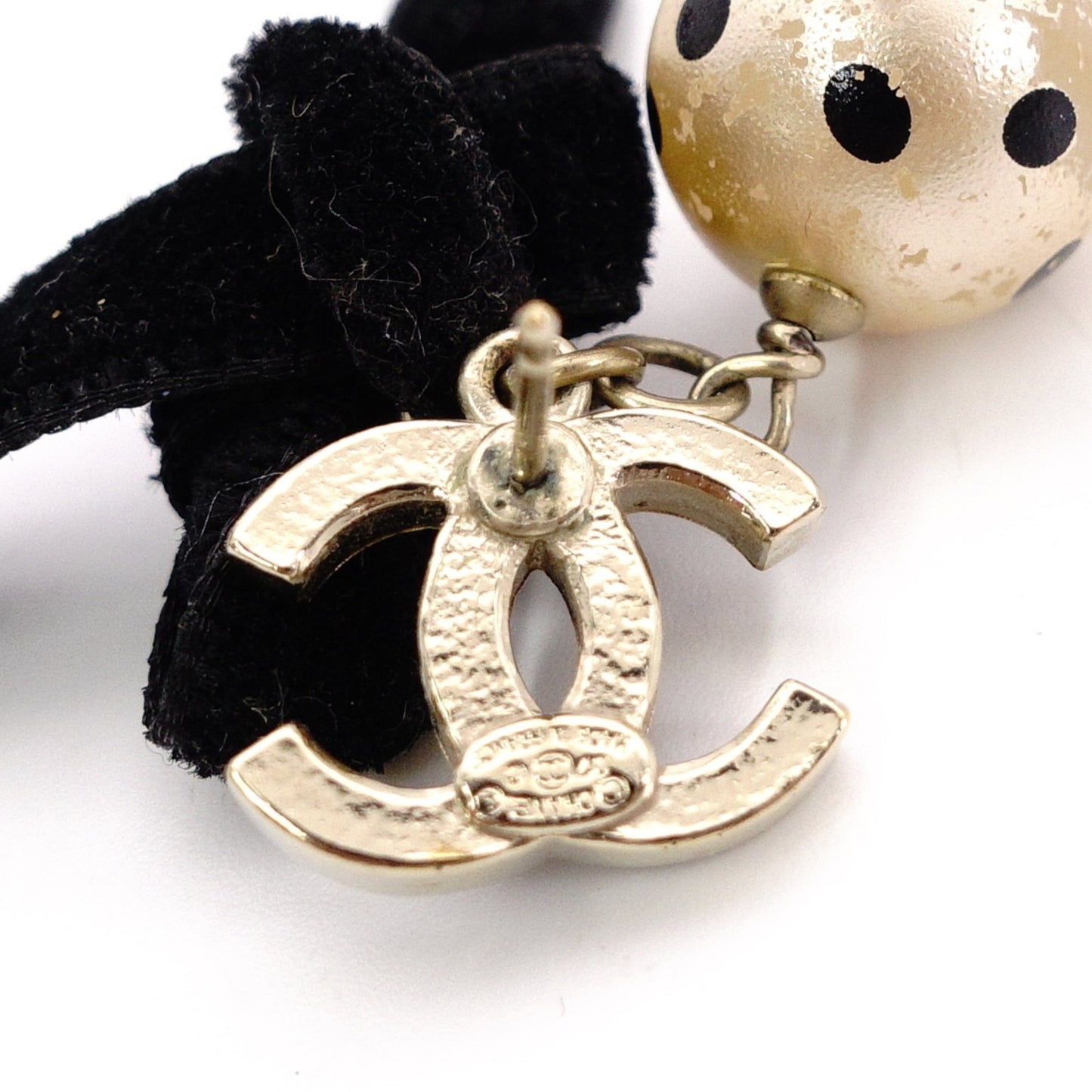 CHANEL Earrings, Metal/Faux Pearl, Beige and Black Ribbon