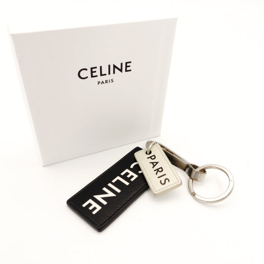 Céline Logo Key Holder Leather Black White Silver Hardware Key Charm 7-5-756